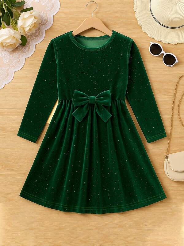 Robe longue à manches longues verte décontractée pour filles, robe de velours brillante avec nœud papillon à la taille pour filles à la mode, robe de velours pour le printemps/automne, robe de soirée pour adolescentes, robe de princesse, style élégant pour dame, confortable et douce, convient pour les filles de 4 à 8 ans, pour l'extérieur, les fêtes et les rassemblements