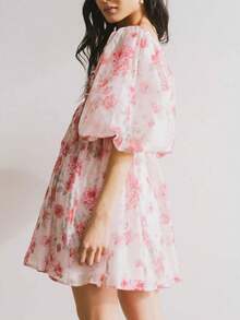 Women's Floral Short Dress Fall Puff Sleeve Open Back Low Cut A Line Dress Y2K Square Neck Flowy Dress For Going Out Party Club Streetwear - 粉色 - 查看 6