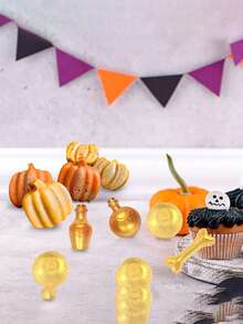 一套 4 个万圣节耐热硅胶模具，包括南瓜瓶和主题形状；这些模具柔软且易于拆卸；适用于塑造南瓜、瓶子、斧头、月亮、棺材、刀子等；非常适合万圣节烘焙、万圣节食品模具和万圣节派对用品。 - 彩色 - 查看 11