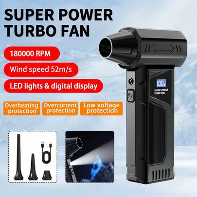 160,000 RPM Turbo Hair Dryer - Brushless Motor, 52m/S 4-Speed Wind, LED Light, 6000mAh Battery, Multi-Nozzle, Handheld Digital Display Fan For Computer/Dust/Car/Leaf Cleaning