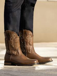 Men's Cowboy Boots Western Fashion Round Toe Slip On Chunky Heel Waterproof Classic Mid Calf Boots - 棕色 - 查看 3