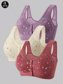 3 piezas de Sujetadores con estampado floral, suaves y elegantes con cierre delantero sin aros para mujeres - Rojo+Morado+Albaricoque - Ver 1
