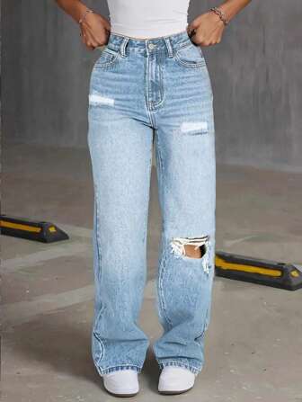 Women's Fashionable Water-Washed Distressed Wide Leg Jeans