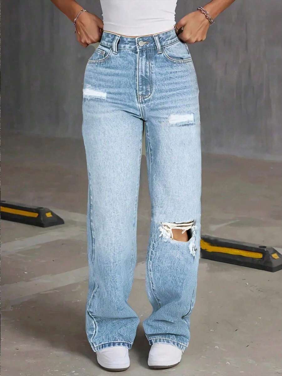 Women's Fashionable Water-Washed Distressed Wide Leg Jeans - Blue and White - View 1