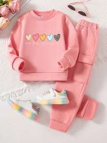 Toddler Heart Print Warm Crew Neck Sweatshirt And Pants Set - Pink - View 1