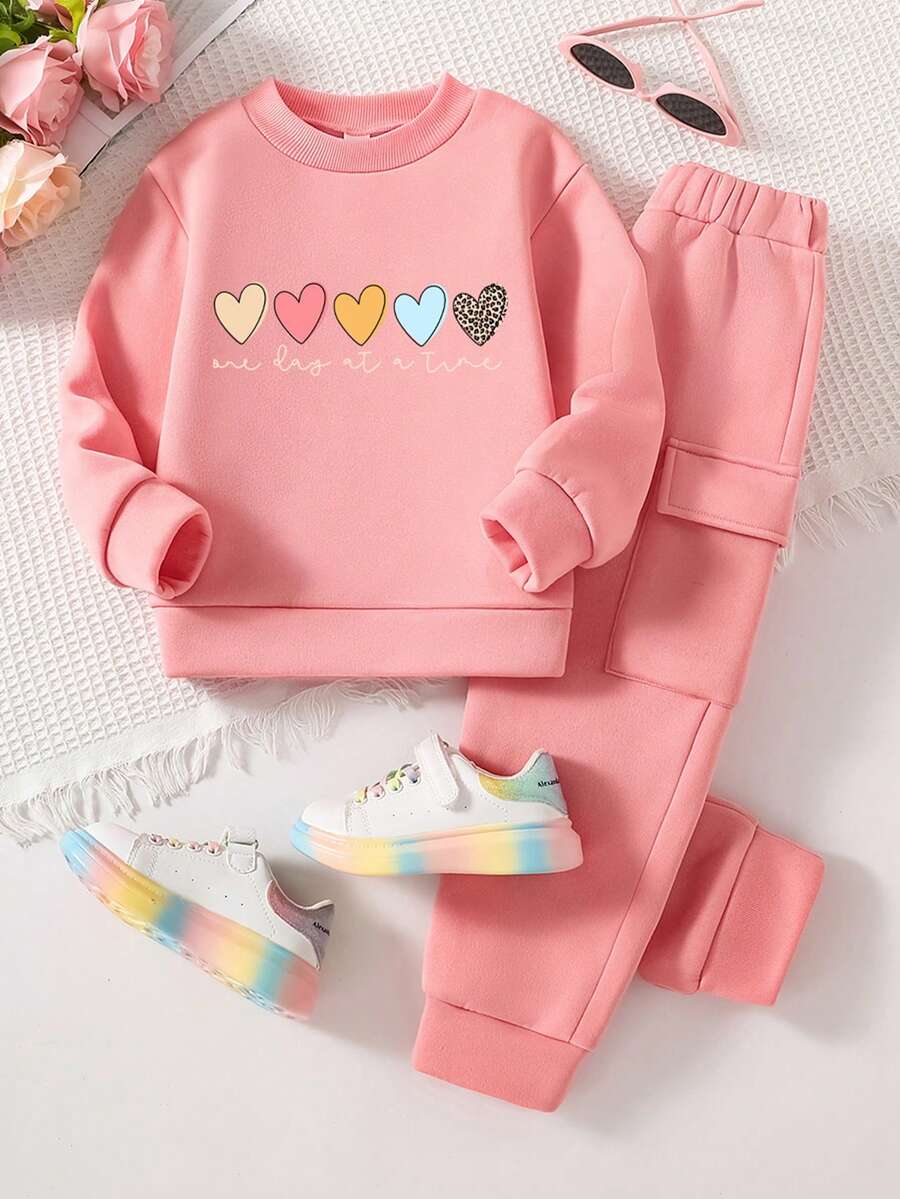 Toddler Heart Print Warm Crew Neck Sweatshirt And Pants Set - Pink - View 1