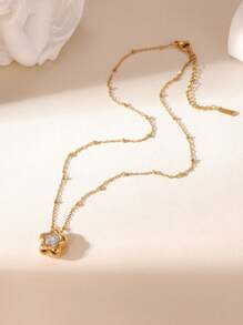 GEREIT 1pc 18k Gold Stainless Steel Flower Zirconia Pendant Necklace For Women, Versatile For Daily Wear