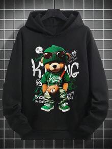 男士休闲街头风连帽衫，熊图案印花设计，秋冬季长袖上衣 - 黑色 - 查看 6