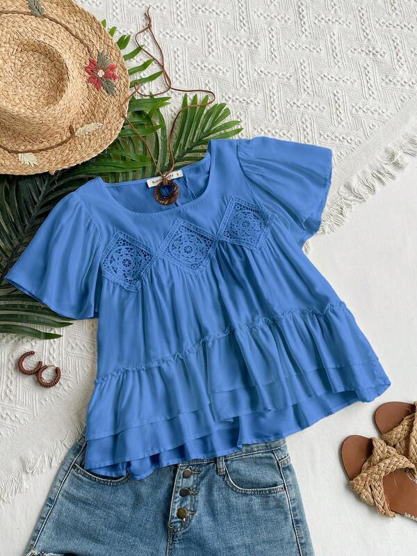 Rusttydustty Women's White V-Neck Short Sleeve Layered Hem Blouse, Bohemian Style, Suitable For Beach Outfits, Hawaiian Music Festivals And Tropical Vacations Summer