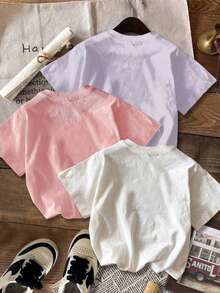 3 件套女孩青少年学生休闲印花圆领短袖 T 恤，夏季上衣