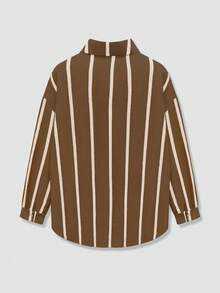 Áo sơ mi nam kẻ sọc oversized cho nữ, áo cánh cài nút phía trước ngắn phía sau dài, thường ngày, phù hợp cho mùa xuân, hè, thu - Dải mơ nâu - Xem 6