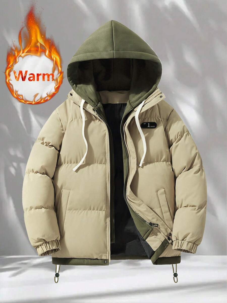 Men's Winter Jacket, Relaxed Fit, Thick Warm, Color Blocking & Faux Twofer Design - Khaki - View 1