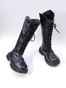 女童及膝靴，时尚系带厚底鞋，后拉链圆头，秋冬骑士靴新款 - 黑色 - 查看 5