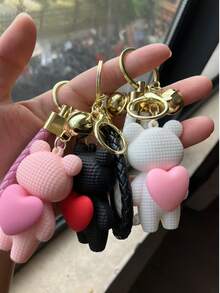 1 件女士粉色创意心形熊和兔子可爱毛绒钥匙扣，精致女友/情侣钥匙扣，手提包吊饰，汽车钥匙扣，日常使用卡通配饰 - 粉色 - 查看 2
