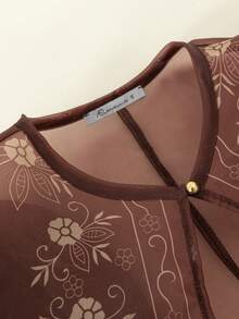 Amyenjoylife 现代菲律宾风情女式时尚纯色印花泡泡袖上衣，咖啡棕色，开斋节服装 - 咖啡棕 - 查看 3