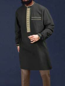 Herren Lässig Traditionelle Nahost Kleidung, aufwendige Verarbeitung, fließender eleganter einfarbiger Stehkragen Langarm Spaltrock in Midi-Länge, minimalistisch für Ramadan, geeignet für Ausgänge, Alltagstragen, vielseitig, markantes Design, unverzichtbarer Herren Langarm Kurzbademantel