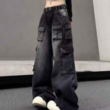 Jupkem Womens Y2k Baggy Cargo Jeans Wide Leg Straight Leg Retro Distressed Multi-Pocket Goth Pants Hip Hop Street Style Harajuku Clothes