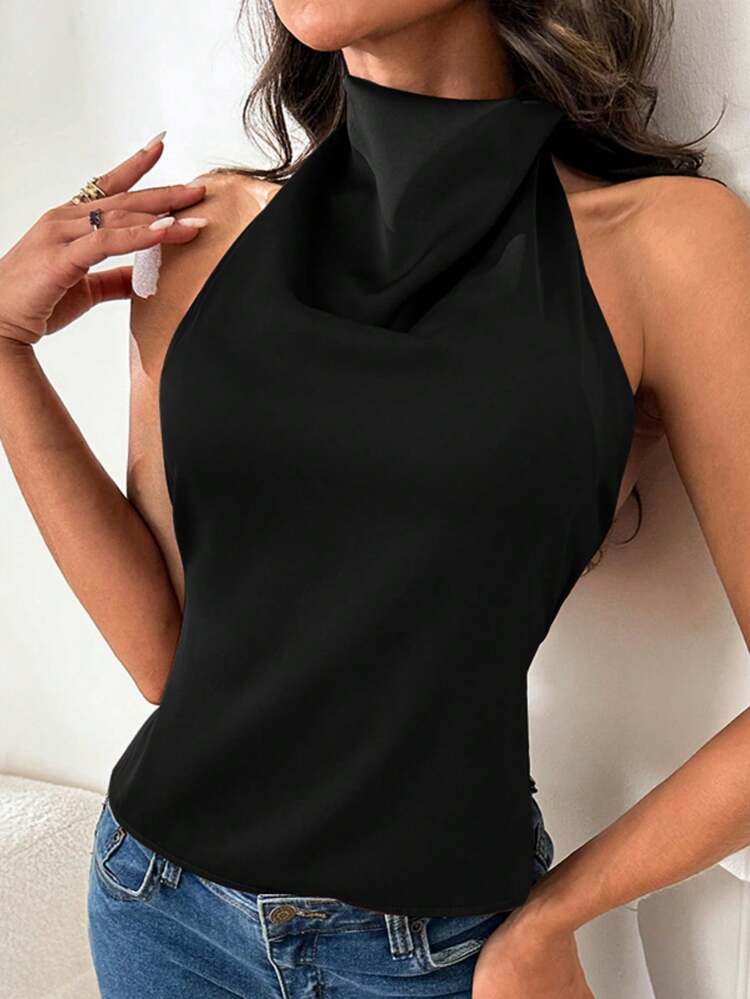 Blusa de satén con cuello halter y espalda descubierta para mujer WOWDARK, color negro, sexy y de moda, adecuada para el Día de San Valentín, citas, reuniones, fiestas, viajes, vacaciones, playa - Negro - Añade 2