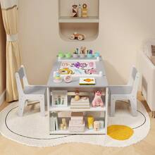 4-In-1 Kids Table And Chair Set With Removable Tabletop Storage And Paper Roll Dispenser, Toddler Craft Table With 6storage Boxes,For Drawing, Child Activity Table, Kids Table Set Painting ,Children's Day Gifts - 灰色 - 查看 9