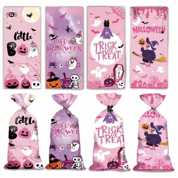 50pcs/100pcs Halloween Transparent Gift Bags, Cartoon Cute Gift Bags With Pumpkin, Ghost, Witch Designs, 5-In-1