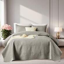 2/3pcs Minimalist Style Ultrasonic Embossed Quilt Set(1 Quilt + 1/2 Pillowcases), 100% Microfiber Lightweight Breathable Easy Care Summer Bedding Set, Durable, Full/Queen Size Bedspread Set, Bedspread For All Seasons, Beautiful Room Decor - Grey - View 2