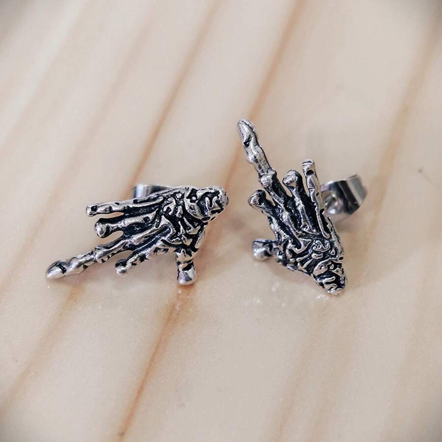 1 Pair Halloween Skull Hand Earrings Middle Finger Funny Exaggerated Earrings Punk Style Accessories - Silver - View 1
