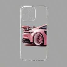 1pc Transparent Shell Lens Protection Pink Racing Car Pattern Anti-Fall Anti-Slip Soft Phone Case Cover Compatible With Apple 16/15/14/13/12/11 Pro Max/7/8 Plus, Galaxy And Other Models