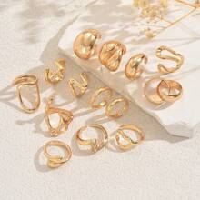 14pcs Irregular Hollow Round Smooth Gold Stackable Rings Set, Versatile Accessory Suitable For Any Occasion, High-End Matching Earrings, Perfect Romantic Gift For Women
