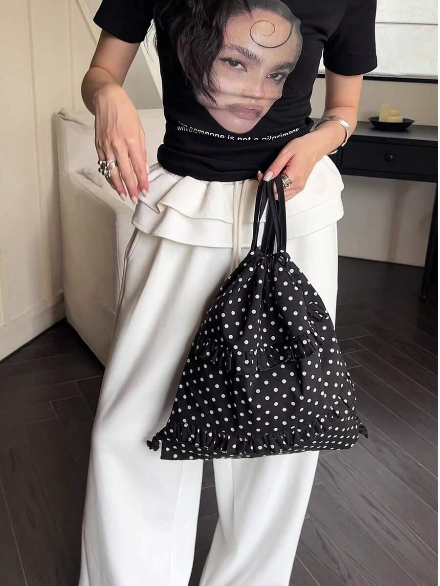 2025 New Knapsack Bag Pack Ins Style New Drawstring Style Irregular Frill Polka Dot Backpack For Women Small Design Fresh Backpack For Women Crossbody Bag Polyester - AA - Xem 1