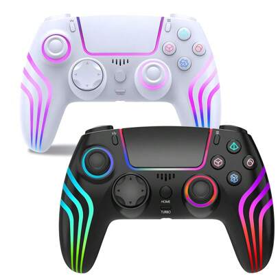 TOPWOLF PS 4 Bluetooth Game Controller Supports Motion Sensing Vibration Continuous Fire Headphone Jack Compatible With PC E-Sports RGB Wireless Controller With Breathing LED Light 1000mAh Supports Programmable Buttons Hall Sensors With 3D Joystick P4 Gamepad