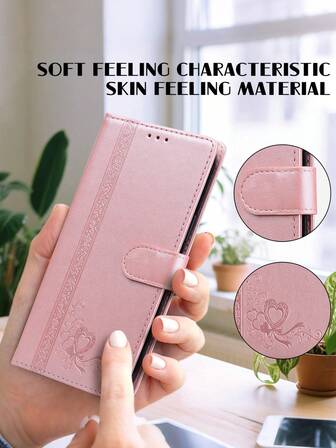 GLANDOTU Capa para celular em couro PU com estampa floral em relevo na cor ouro rosa, design dobrável duplo e suporte integrado. Compatível com diversas marcas e modelos.