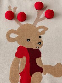 Tween Girl' Christmas Reindeer Pattern Knitted Pullover Sweater, Suitable For Christmas Party, Spring, Autumn, Winter