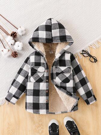 Young Boys' Casual Black & White Plaid Thermal Lined Hooded Shirt With Pockets, Winter