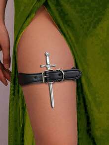 2pcs Medieval Leg Props PU Leather Punk Rivet Leggings Harness With Metal Sword Props, Sexy Adjustable Elastic Leg Garter Halloween Decoration Props - A - View 12