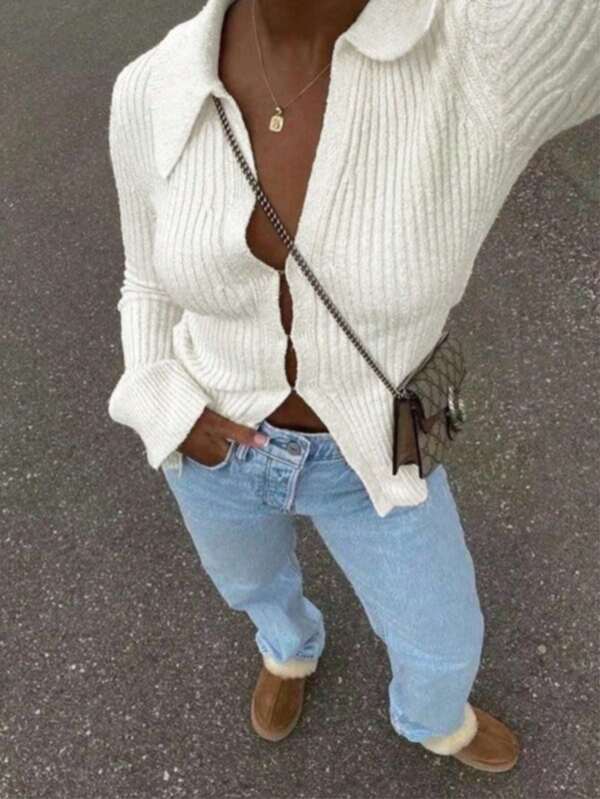 Cárdigan de punto básico de cuello redondo de manga larga y color blanco casual para mujer