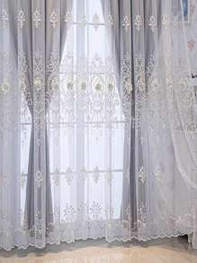 1 件奢华双层刺绣遮光窗帘，带 3D 浮雕花朵薄纱面料，现成，适用于客厅和卧室、窗户 - 灰色 - 查看 9