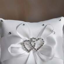 Almohada para anillos Amias, cojín para anillos de boda de 5.91 X 5.91 pulgadas, con bolsillo de flor y lazo adorable para decoración de boda y fiesta, gran lazo de colección simple, soporte para almohada de anillos de ceremonia de boda