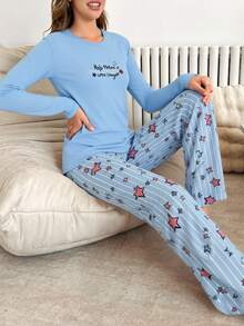 Mirano Slogan Print Short Sleeve Top & Cherry Pattern Long Pants Pajama Set - Blue - View 1