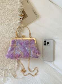 2025 New Floral Chain Clutch Bag, Fashion Elegant Lady Handbag, Shoulder Crossbody Bag, Solid Color Zipper Chain Tote Bag [Floral Pattern Placement Random] - Purple - View 3