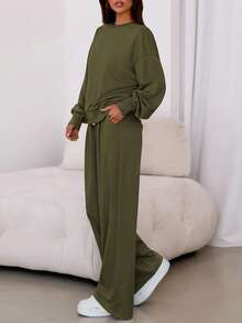 Womens 2 Piece Sets Long Sleeve Sweatshirt Wide Leg Pants Loose Matching Lounge Set  Fall Outfits - Army Green - View 4