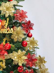 1件/10件/20件裝 一品紅亮面鏤空網格聖誕花夾飾，聖誕花環與聖誕樹花卉裝飾，適用新年聖誕派對、聖誕樹裝飾與節日派對裝飾（金色） - 金色 - 查看 6