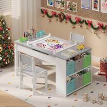 4-In-1 Kids Table And Chair Set With Removable Tabletop Storage And Paper Roll Dispenser, Toddler Craft Table With 6storage Boxes,For Drawing, Child Activity Table, Kids Table Set Painting ,Children's Day Gifts - 灰色 - 查看 8