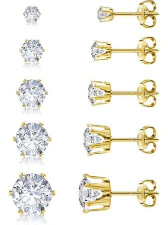 925 Sterling Silver Stud Earrings Set Of 5 Pairs 18K Gold Cubic Zirconia Earrings Women Men Sparkling Fancy