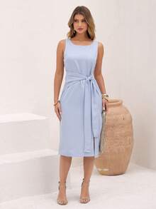 Women's Dress With Sophisticated Fit And Front Knot Knot Knot At The Front - 寧靜藍 - 查看 1