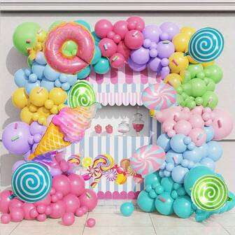 145 piezas Conjunto de decoración de globos con tema de caramelos arcoíris, incluye globos de aluminio con forma de paleta, helado y donut, adecuado para baby shower, revelación de género, cumpleaños, decoración de habitación y fiestas de niños y niñas