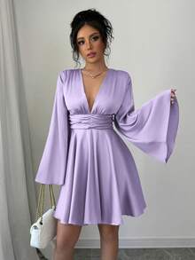 abyoxi Solid Color V-Neck Long Flare Sleeve Waist Ruched Ruffle Hem Satin Elegant Party Dress, Suitable For Wedding, Birthday Party, Back To School Season, Autumn/Winter Women Spring - Purple - View 6