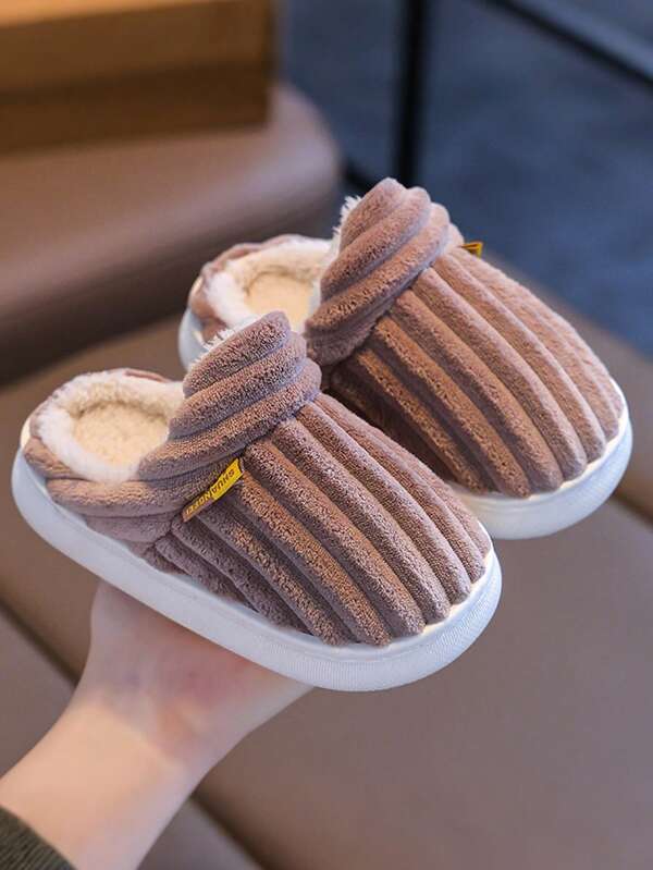 Fashionable Striped Slip-Resistant Warm Cute Plush Slippers, Children/Teens Slippers