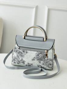 1 件女士纯色迷你方形包，时尚顶部提手斜挎包，迷你单肩钱包带扣装饰 - 灰色 - 查看 4