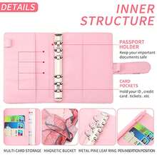 Savings Binder - Refillable Leather 6-Ring Binder With Magnetic Buckle Closure For Pens And Cards Storage - Pink - View 5