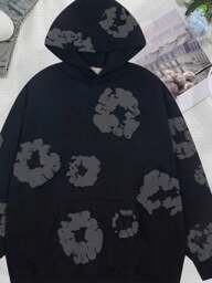 One Piece Set Denim Flower Puff Print Hoodie, Polyester Graphic Vintage Pullover Streetwear Voor Men